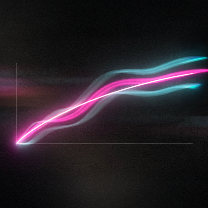 Abstract digital illustration of an upward-sloping line graph with a glowing pink and white core and wispy light-blue trails against a dark, textured background.