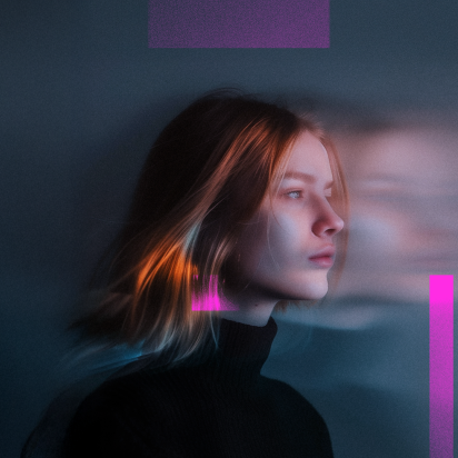 A portrait of a woman in profile, facing right, with her blonde hair blurred as if in motion. She wears a black turtleneck against a dark, moody background featuring abstract magenta and purple rectangles and vertical lines. Her face is illuminated, while the rest of the image has a blurred, dreamlike quality.