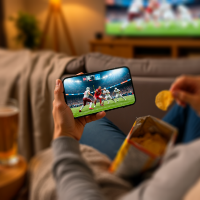 A person on a couch holds a smartphone displaying a football game, reaching into a chip bag, with another football game on a TV and snacks in the background.