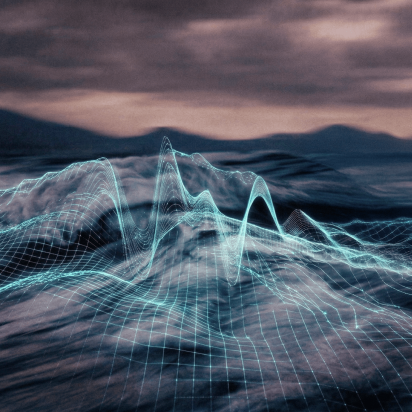 A luminous teal wireframe grid is overlaid on a dark, choppy sea, precisely mapping the peaks and troughs of the turbulent waves. The background features distant, hazy mountains under a heavy, overcast sky tinged with dusky pink and purple light.