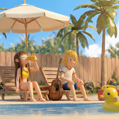 A sunny 3D animated pool scene featuring a brunette girl drinking a can of Chocomel on a lounge chair, a blonde boy sitting beside her with a guitar, and a corgi in sunglasses floating in a duck inner tube nearby.