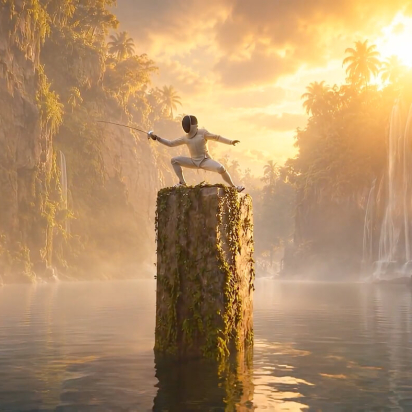 AI generated image of a fencer atop a pillar in the middle of a lake in a jungle