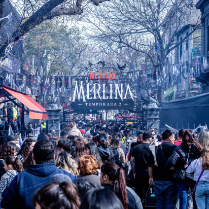 Caminito in Argentina, with streets full of people during the Darkminito experience for the launch of Netflix's Wednesday Season 2.