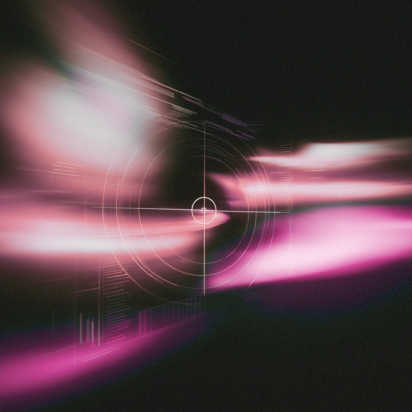Abstract futuristic graphic with pink and white light trails radiating from a central target