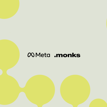 Meta and Monks partnership logo displayed over abstract interconnected green circular nodes, representing compound assurance and marketing data loops.