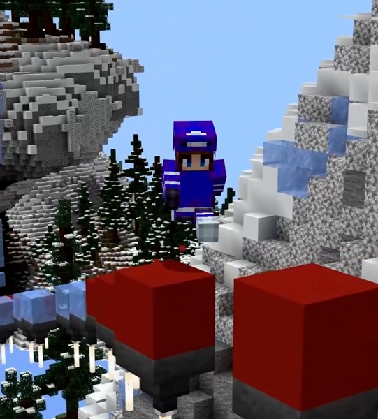 An avatar in minecraft jumping from red block to red block in hockeyland