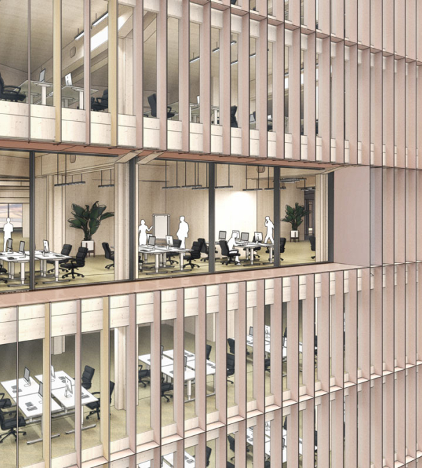 A modeled image of an office building using SketchUp's technology