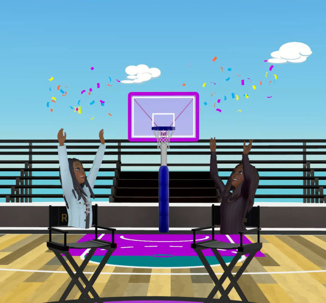 Myla Unique Minor and Renee Montgomery in the metaverse celebrating on a basketball court
