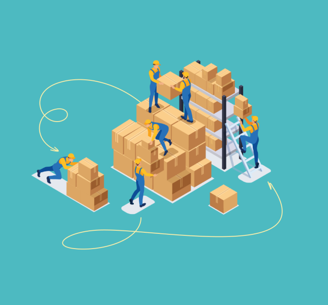 An illustrative team of workers moving boxes