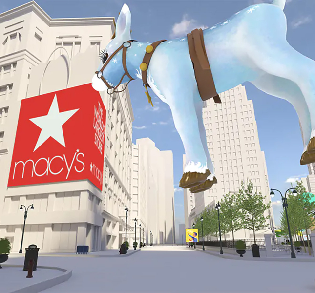 A virtual Macy's thanksgiving parade with buildings a parade floats
