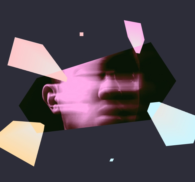 Colorful crystals and shapes fly out of an image of person shaking their head