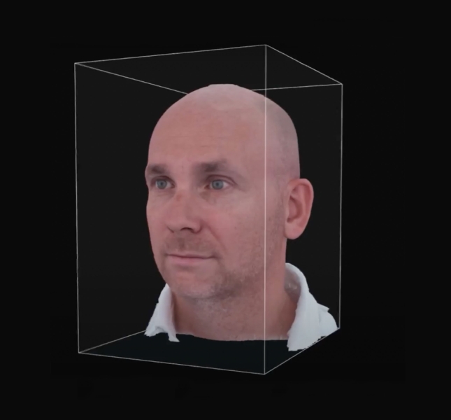 A virtual human head inside a clear box