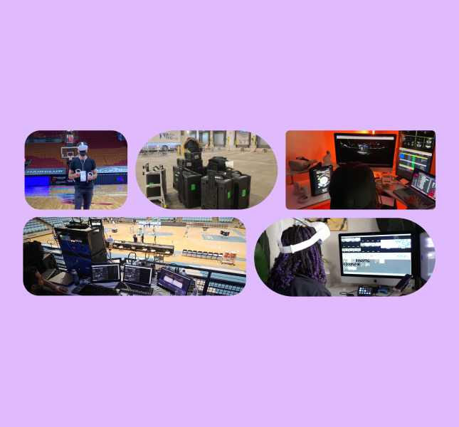 VR headsets and production equipment images are collaged together