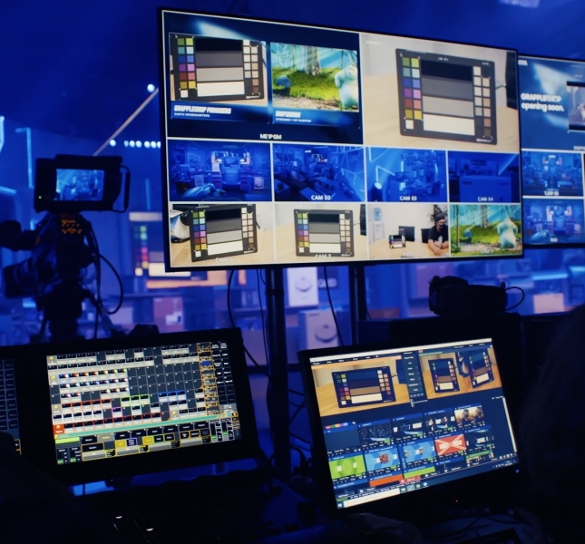 A broadcast room with so many monitors and a soundstage