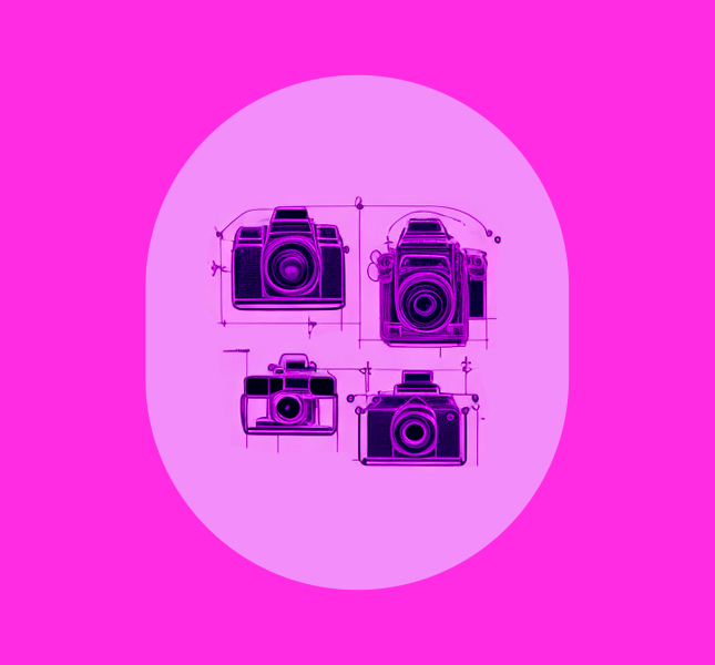 Doodle image of different cameras on a pink backdrop