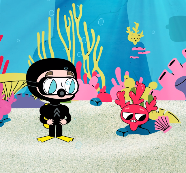 Illustration of the hero figure Zack Efron in an under water setting. Wearing a scuba outfit.