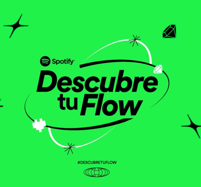 Bright green image with small black illustrations of stars. In the middle the copy 'Descubre tu Flow'.