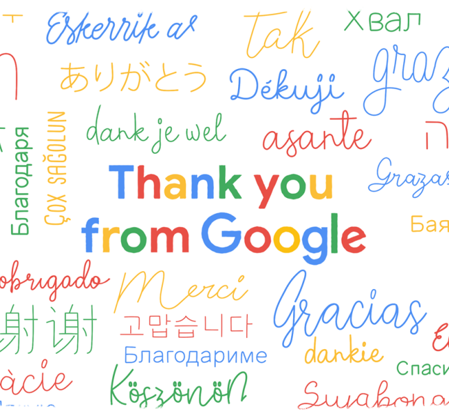 White background and the words 'Thank you' written in all kinds of languages, types and in the google colours.