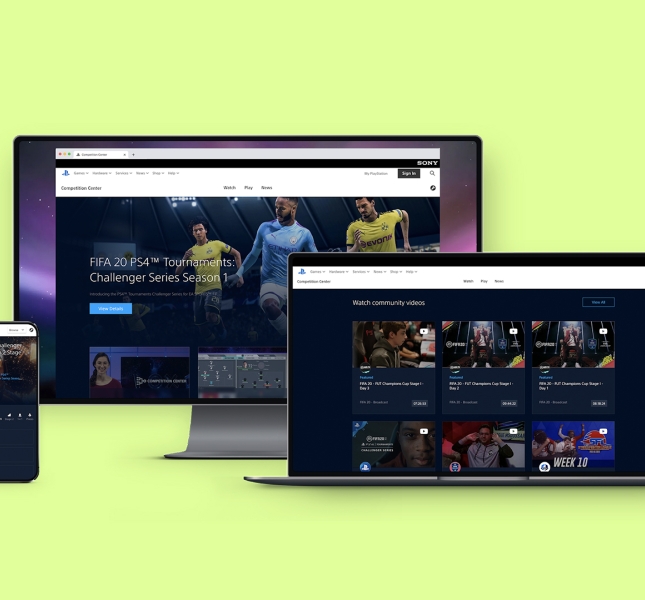 Mockup of a laptop and mobile showing the FIFA start screen for the Playstation.