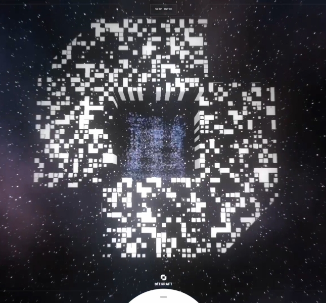 Form shaped outn o0f little white cubes is floating in a dark sky with stars. The logo for BITKRAFT is placed small at the bottom.