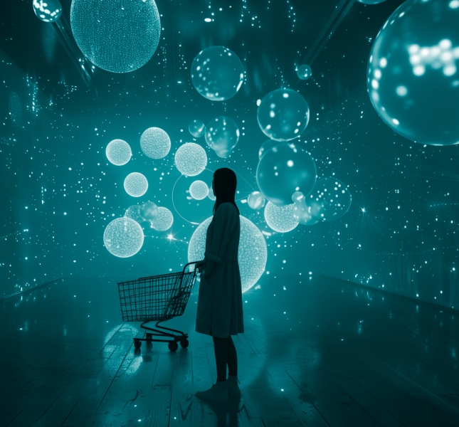 lady standing in a room with a shopping cart, surrounded by light projections and spheres