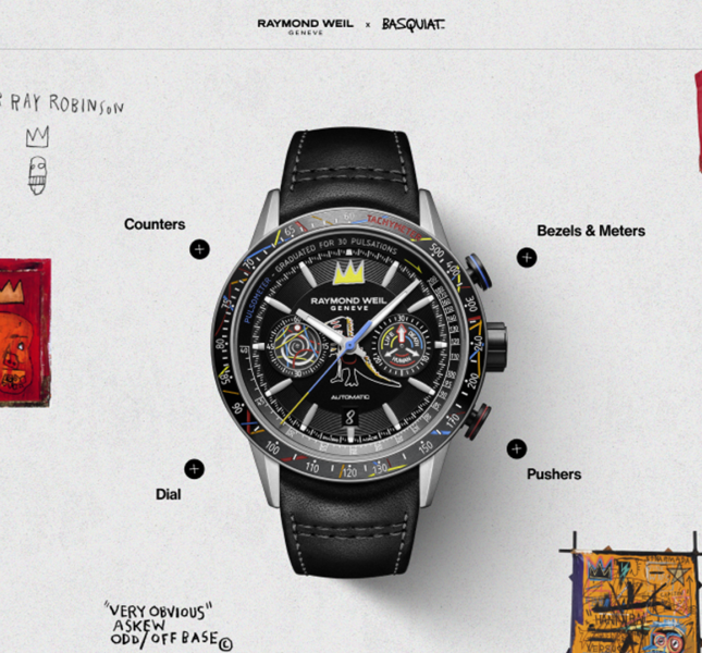 Overview image with two watches and around that little snippets of the illustrations from Brasquiat.