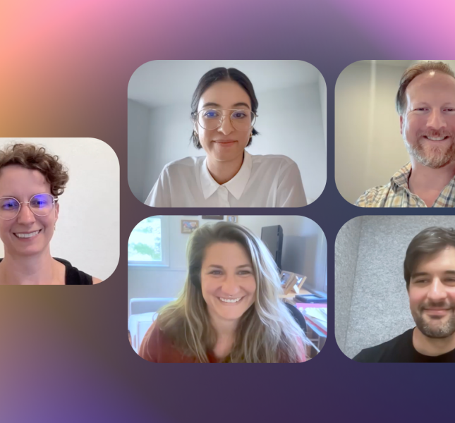 five people on a webinar with a colorful gradient background