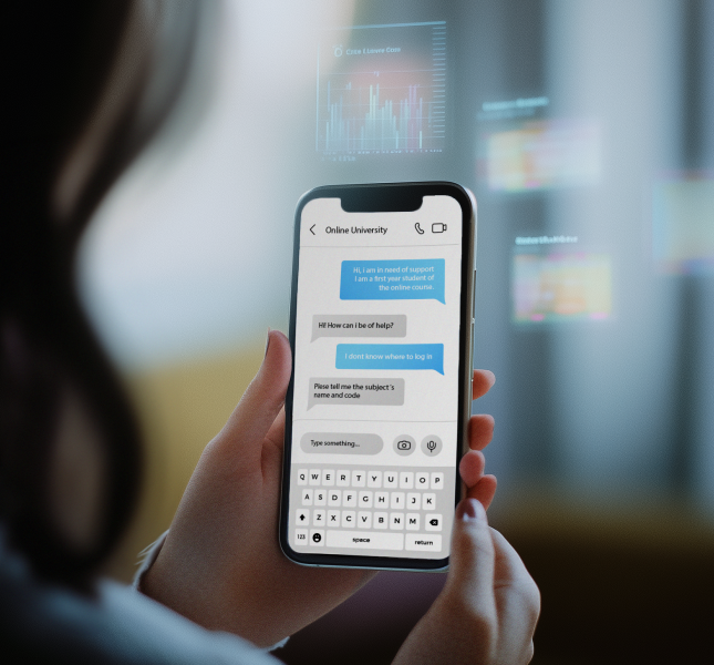 A woman holds a smartphone. The screen displays a chat interface related to "Online University." Text messages indicate a conversation about needing help with a course or login issues. There are graphical elements, possibly data visualizations, floating in the background, suggesting a digital or educational context. The person's hand and part of their face are visible, but their features are not clearly defined.