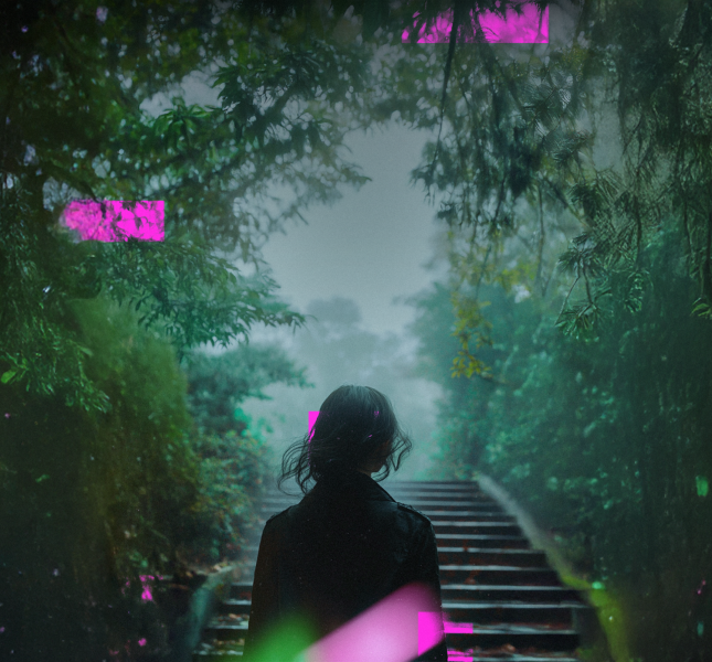 woman walking up stairs to a clearing in a forest