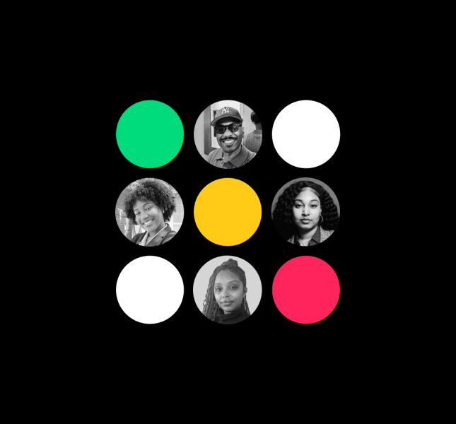 A design of nine circles, arranged in a 3 by 3 square. Four of them include headshots of the employees featured in the blog post.