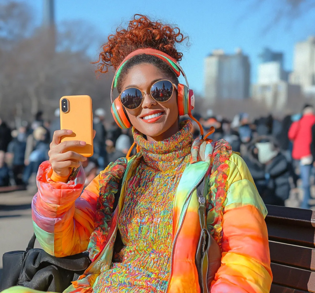 A girl taking a picture on her phone sitting in the park