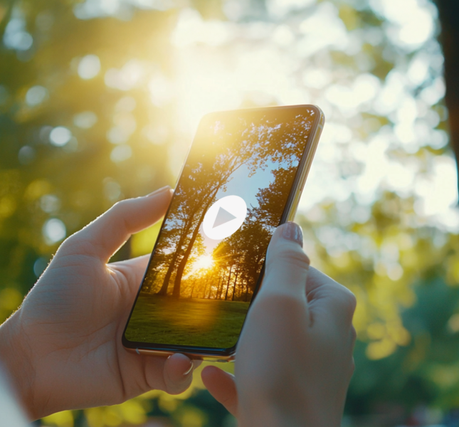 A person holding a smartphone outdoors in a forested area, with sunlight streaming through the trees. The phone screen displays an image of trees and sunlight, with a play button icon in the center, suggesting a video. The background is softly blurred, highlighting the natural setting.