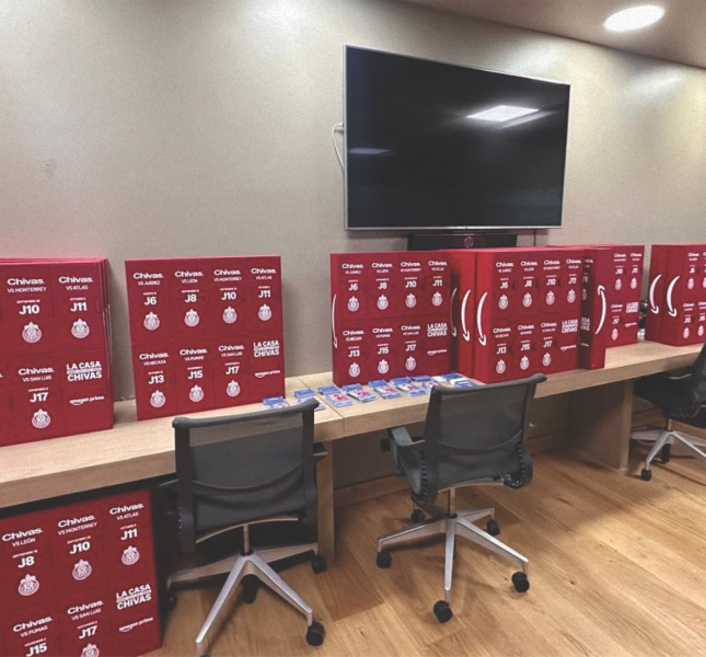 Chivas Lockers lining a desk in an office