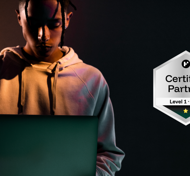 Man with laptop next to Funnel.io partner badge with text indicating Funnel Solution Partner level 1, with a gold star