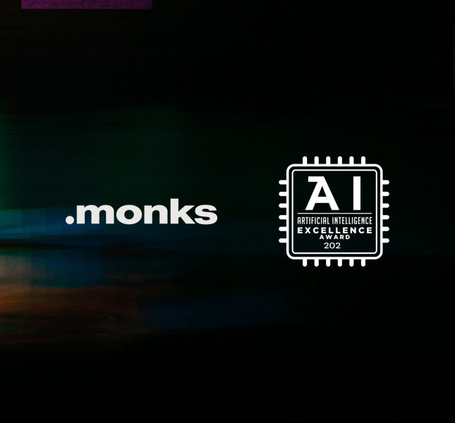 The Monks and AI Excellence Awards logos against a black backdrop. Abstract brushstrokes in pink, blue and orange are at the left edge of the image.