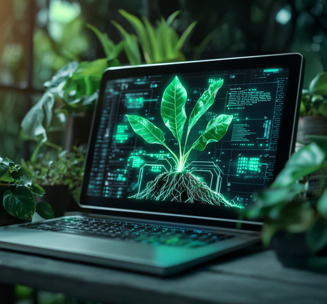 A laptop on a wooden table surrounded by potted plants, with its screen displaying a digital illustration of a green plant with visible roots and leaves, overlaid with data and code graphics. The setting is lush and green, suggesting a connection between technology and nature. Sunlight filters through the foliage in the background.