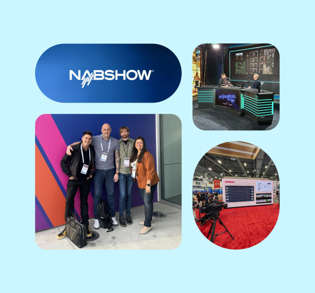 Collage of four images on a light blue background. Top left: "NABSHOW" logo on a blue gradient background. Top right: Two people sitting at a modern broadcast desk with screens behind them. Bottom left: Four people standing and posing for a photo in front of a colorful geometric wall. Bottom right: Photo of a camera setup at a trade show, focused on a large Verizon display booth with screens and a red carpet.