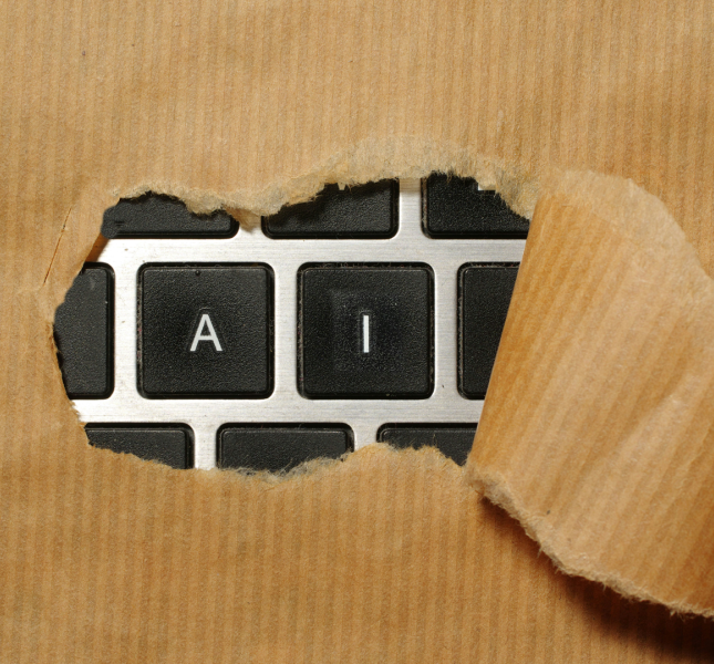 A keyboard being showing behind ripped paper