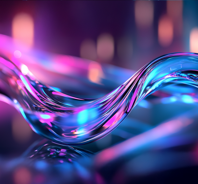 A vibrant, flowing wave of translucent material reflecting colorful lights in shades of pink, blue, and purple. The background features a soft bokeh effect with blurred light sources, enhancing the ethereal and dynamic feel of the scene.