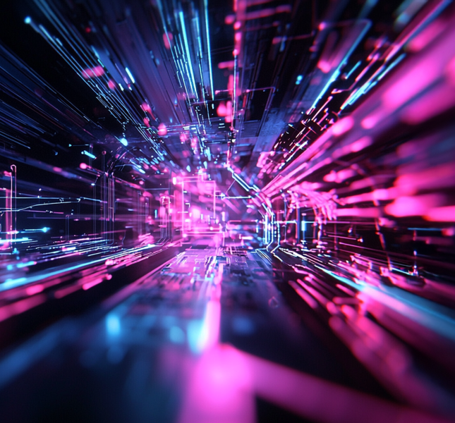 A digital rendering depicts a tunnel-like space filled with streaks of pink and blue light, suggesting high-speed data transfer or a futuristic environment. The lights are arranged in a way that creates a sense of depth and motion, as if one is traveling through a digital network. The overall effect is vibrant and dynamic, with the contrasting colors adding to the visual interest.