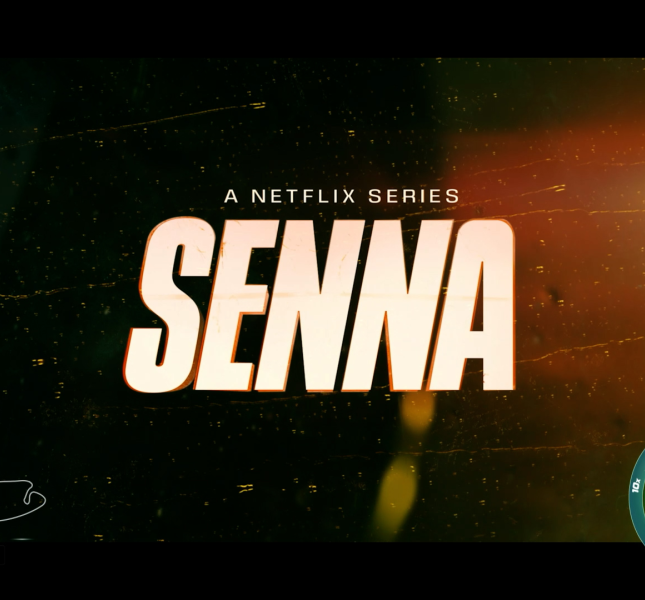 The image features the title "SENNA," presented as a Netflix series, with speed metrics and a racetrack outline, suggesting a focus on high-speed racing.