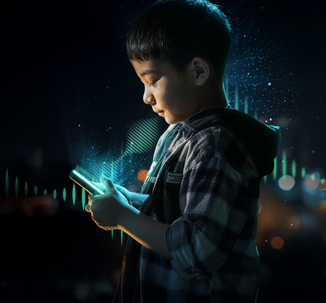 The image shows a young person in profile, illuminated by the glow of a smartphone screen, with digital waveforms and particle effects surrounding them in a dark, futuristic setting.