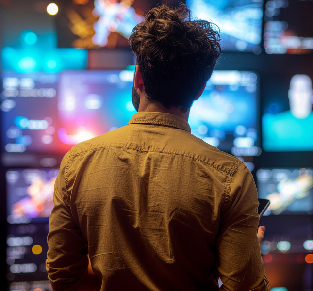 A man with dark, wavy hair stands with his back to the camera, wearing a mustard-yellow button-down shirt. He is looking at a large video wall composed of multiple screens, each glowing with bright, colorful, and abstract digital displays in a dimly lit room.