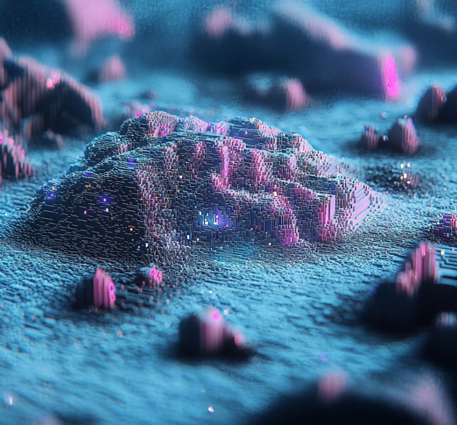 A digital landscape features pixel-like blue and pink block formations resembling futuristic mountains and valleys, softly illuminated with glowing light effects.