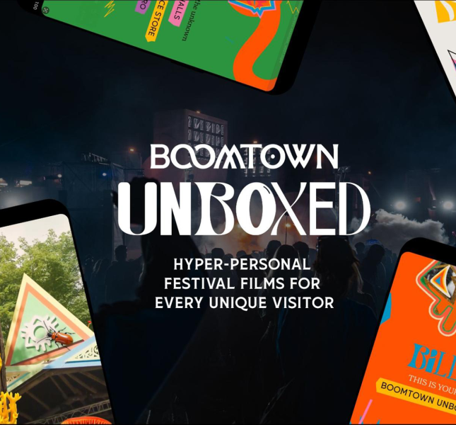 A hero image for the Boomtown Unboxed case study, visually showcasing the AI-powered platform that delivered hyper-personalized festival recap films to every unique visitor.