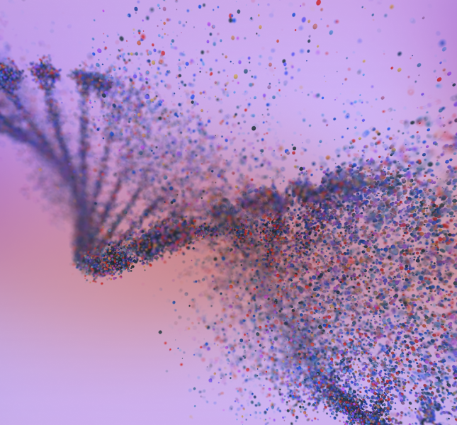 A vibrant, abstract depiction of a DNA strand, composed of numerous small, colorful particles. The double helix structure is visible on the left, rendered in shades of purple and blue. As it extends to the right, the DNA strand appears to dissolve into a scattered burst of individual particles, creating a dynamic, exploding effect. These particles are a mix of red, blue, green, and yellow, set against a soft, gradient background that transitions from a light purple on the left to a warm pinkish-orange.