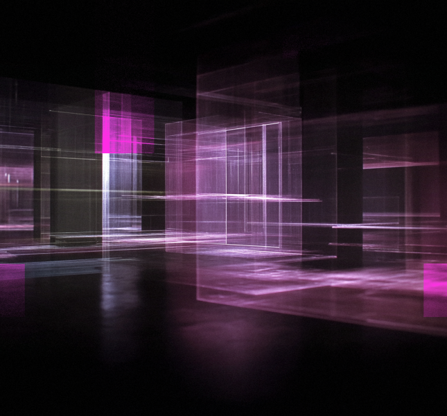 Abstract digital artwork featuring glowing, translucent pink and purple geometric structures against a dark background. The composition consists of overlapping rectangular planes and vertical pillars made of light, creating a three-dimensional, architectural feel. Horizontal light streaks and soft motion blur suggest digital movement, giving the impression of a high-tech visualization or a virtual data environment.