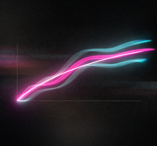 Abstract digital illustration of an upward-sloping line graph with a glowing pink and white core and wispy light-blue trails against a dark, textured background.