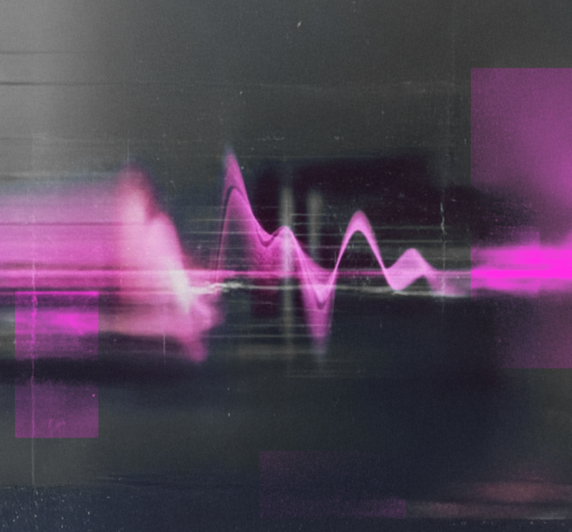 Abstract digital artwork featuring a bright pink waveform pulsing across the center against a dark, grainy, and streaked background with glitch effects. Horizontal bands of pink light and motion blur stretch across the frame, while several translucent pink rectangular blocks and geometric shapes are overlaid in the foreground and background, creating a distorted, technological feel with scan lines and noise. The overall impression is one of digital signal processing or data corruption.