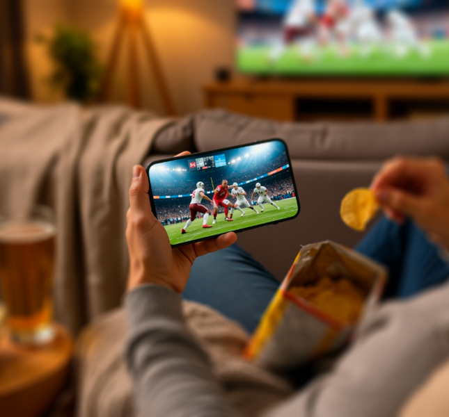 A person on a couch holds a smartphone displaying a football game, reaching into a chip bag, with another football game on a TV and snacks in the background.